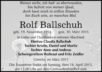 Traueranzeige von Rolf Ballschuh von Mitteldeutsche Zeitung Halle/Saalkreis