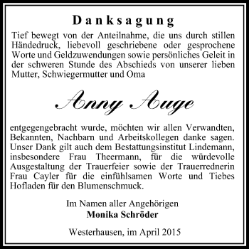 Traueranzeige von Anny Auge von Super Sonntag Quedlinburg