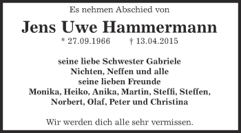 Traueranzeige von Jens Uwe Hammermann von WVG - Wochenspiegel Dessau / Köthen