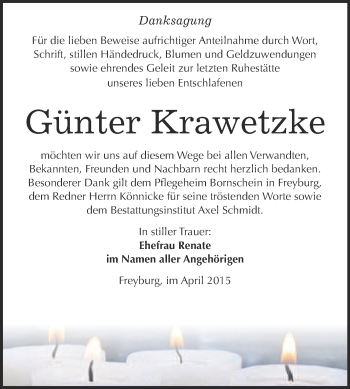 Traueranzeige von Günter Krawetzke von WVG - Wochenspiegel NMB / WSF / ZTZ