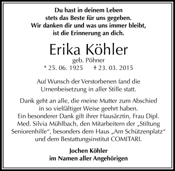 Traueranzeige von Erika Köhler von Mitteldeutsche Zeitung Zeitz