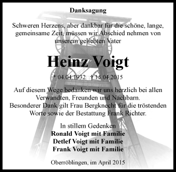 Traueranzeige von Heinz Voigt von Mitteldeutsche Zeitung Sangerhausen