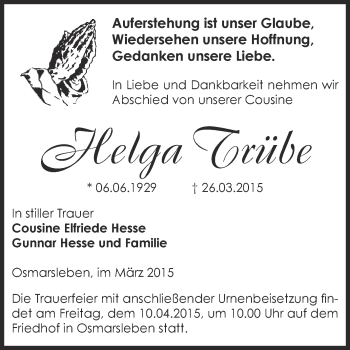 Traueranzeige von Helga Trübe von Super Sonntag Bernburg