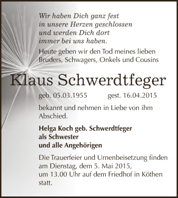 Traueranzeige von Klaus Schwerdtfeger von WVG - Wochenspiegel Dessau / Köthen