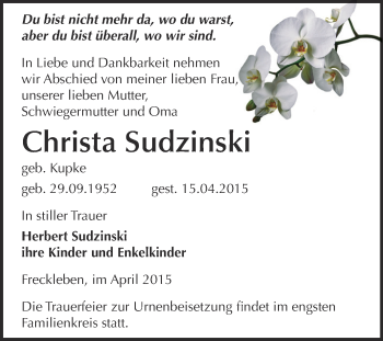 Traueranzeige von Christa Sudzinski von WVG - Wochenspiegel Bernburg