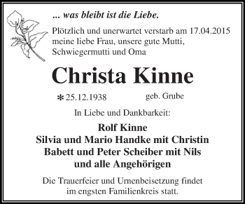 Traueranzeige von Christa Kinne von WVG - Wochenspiegel Dessau / Köthen