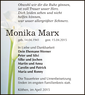 Traueranzeige von Monika Marx von WVG - Wochenspiegel Dessau / Köthen