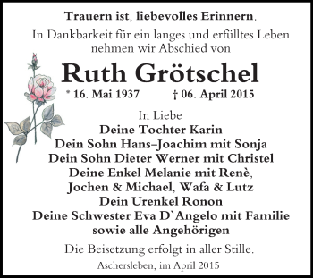 Traueranzeige von Ruth Grötschel von WVG - Wochenspiegel Quedlinburg
