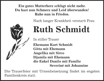 Traueranzeige von Ruth Schmidt von Super Sonntag Bernburg