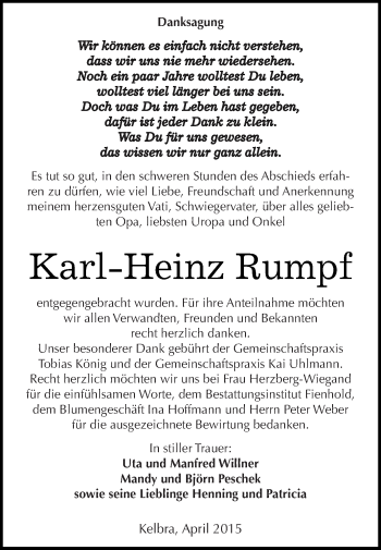 Traueranzeige von Karl-Heinz Rumpf von Super Sonntag SGH Mansf. Land