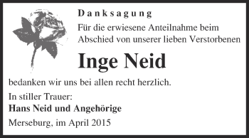 Traueranzeige von Inge Neid von Super Sonntag Merseburg
