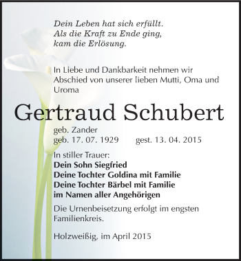 Traueranzeige von Gertraud Schubert von Mitteldeutsche Zeitung Bitterfeld