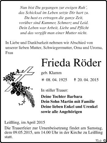 Traueranzeige von Frieda Röder von WVG - Wochenspiegel NMB / WSF / ZTZ