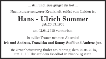 Traueranzeige von Hans-Ulrich Sommer von Super Sonntag Bernburg