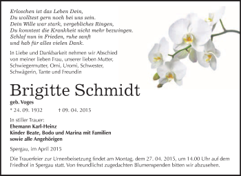 Traueranzeige von Brigitte Schmidt von WVG - Wochenspiegel Merseburg