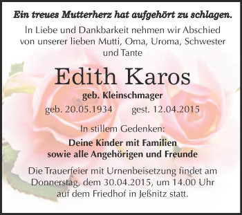 Traueranzeige von Edith Karos von WVG - Wochenspiegel Bitterfeld