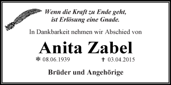 Traueranzeige von Anita Zabel von WVG - Wochenspiegel Dessau / Köthen