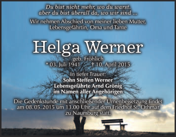 Traueranzeige von Helga Werner von WVG - Wochenspiegel NMB / WSF / ZTZ