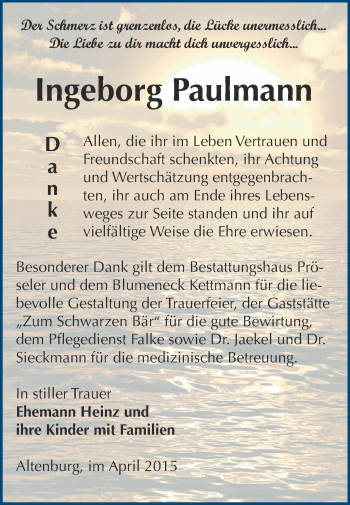 Traueranzeige von Ingeborg Paulmann von Super Sonntag Bernburg