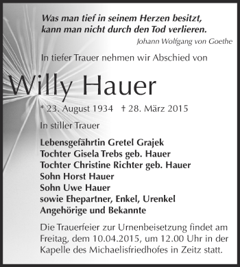 Traueranzeige von Willy Hauer von Super Sonntag Zeitz