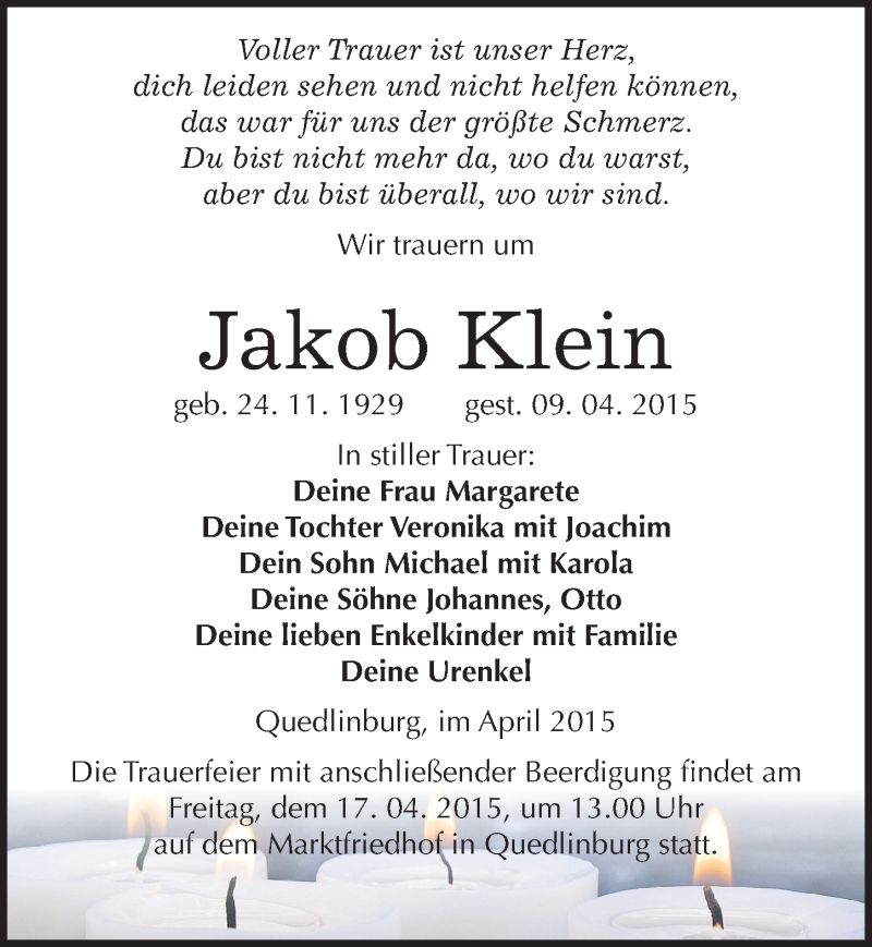  Traueranzeige für Jakob Klein vom 14.04.2015 aus Mitteldeutsche Zeitung Quedlinburg