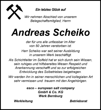 Traueranzeige von Andreas Scheiko von Mitteldeutsche Zeitung Bernburg