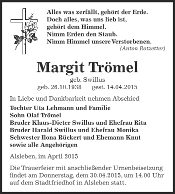 Traueranzeige von Margit Trömel von Super Sonntag Bernburg