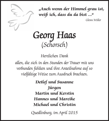 Traueranzeige von Georg Haas von WVG - Wochenspiegel Quedlinburg