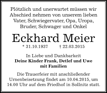 Traueranzeige von Eckhard Meier von Mitteldeutsche Zeitung Dessau-Roßlau