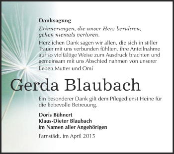 Traueranzeige von Gerda Blaubach von WVG - Wochenspiegel Merseburg