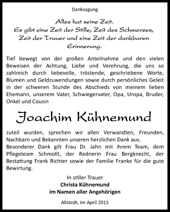 Traueranzeige von Joachim Kühnemund von Mitteldeutsche Zeitung Sangerhausen