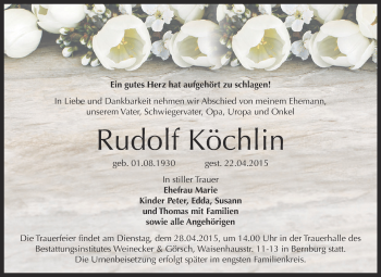 Traueranzeige von Rudolf Köchlin von Super Sonntag Bernburg