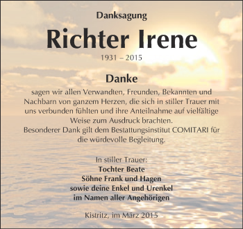 Traueranzeige von Irene Richter von WVG - Wochenspiegel NMB / WSF / ZTZ