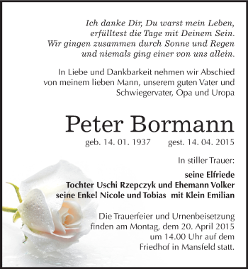Traueranzeige von Peter Bormann von Mitteldeutsche Zeitung Mansfelder Land