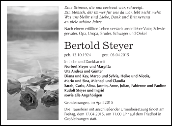 Traueranzeige von Bertold Steyer von Super Sonntag SGH Mansf. Land