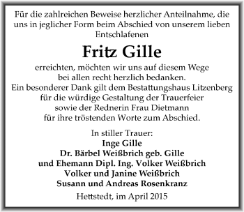 Traueranzeige von Fritz Gille von Mitteldeutsche Zeitung Mansfelder Land