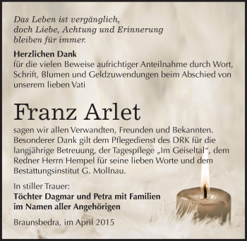 Traueranzeige von Franz Arlet von Mitteldeutsche Zeitung Merseburg/Querfurt