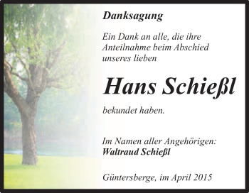 Traueranzeige von Hans Schießl von Super Sonntag Quedlinburg