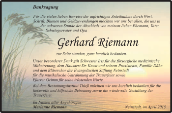 Traueranzeige von Gerhard Riemann von Super Sonntag Quedlinburg