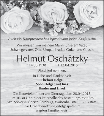 Traueranzeige von Helmut Oschätzky von Super Sonntag Bernburg