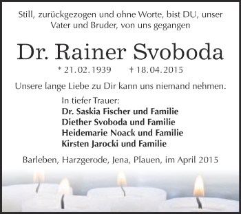 Traueranzeige von Rainer Svoboda von Super Sonntag Quedlinburg