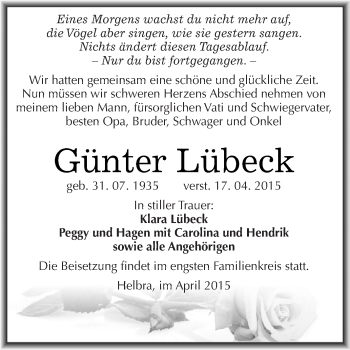 Traueranzeige von Günter Lübeck von Wochenspiegel Mansfelder Land