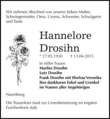 Traueranzeige von Hannelore Drosihn von Mitteldeutsche Zeitung Naumburg/Nebra
