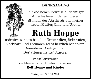 Traueranzeige von Ruth Hoppe von Mitteldeutsche Zeitung Aschersleben