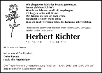 Traueranzeige von Herbert Richter von Mitteldeutsche Zeitung Bitterfeld
