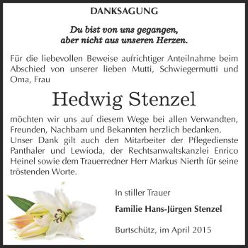 Traueranzeige von Hedwig Stenzel von Super Sonntag Zeitz