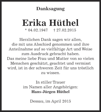 Traueranzeige von Erika Hüthel von WVG - Wochenspiegel Dessau / Köthen