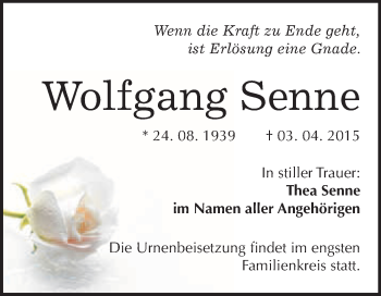 Traueranzeige von Wolfgang Senne von WVG - Wochenspiegel NMB / WSF / ZTZ
