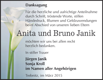 Traueranzeige von Anita und Bruno Janik von Super Sonntag Zeitz