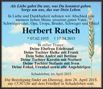 Traueranzeige von Herbert Ratsch von Mitteldeutsche Zeitung Aschersleben